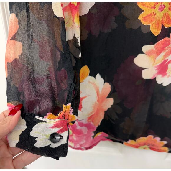 Allison Taylor small 100% silk floral black long sleeve button pink orange - Picture 4 of 5